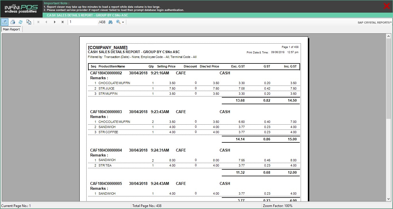 Cash Sales Details Report